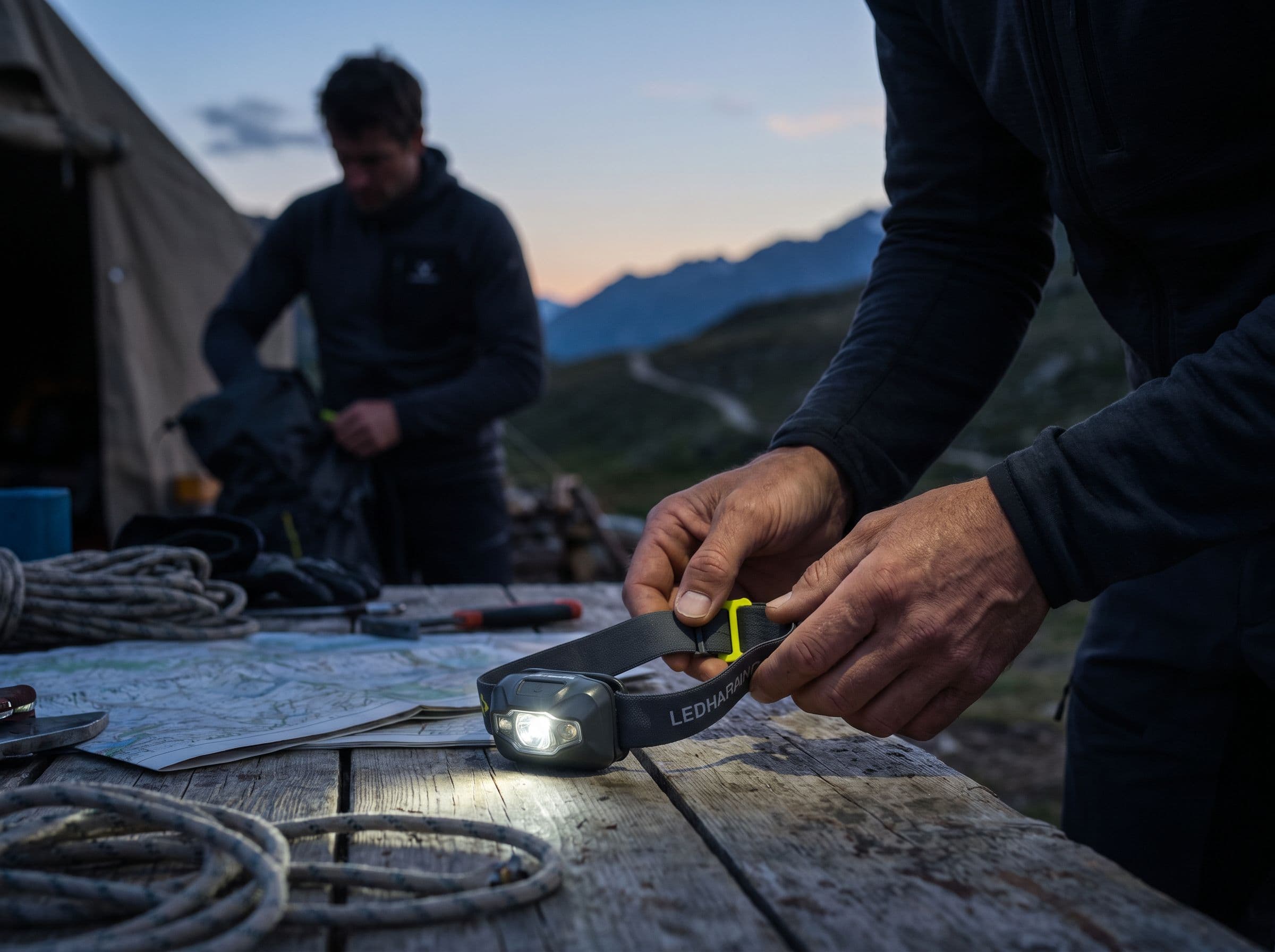 Groupe de coureurs de nuit portant des lampes frontales en forêt