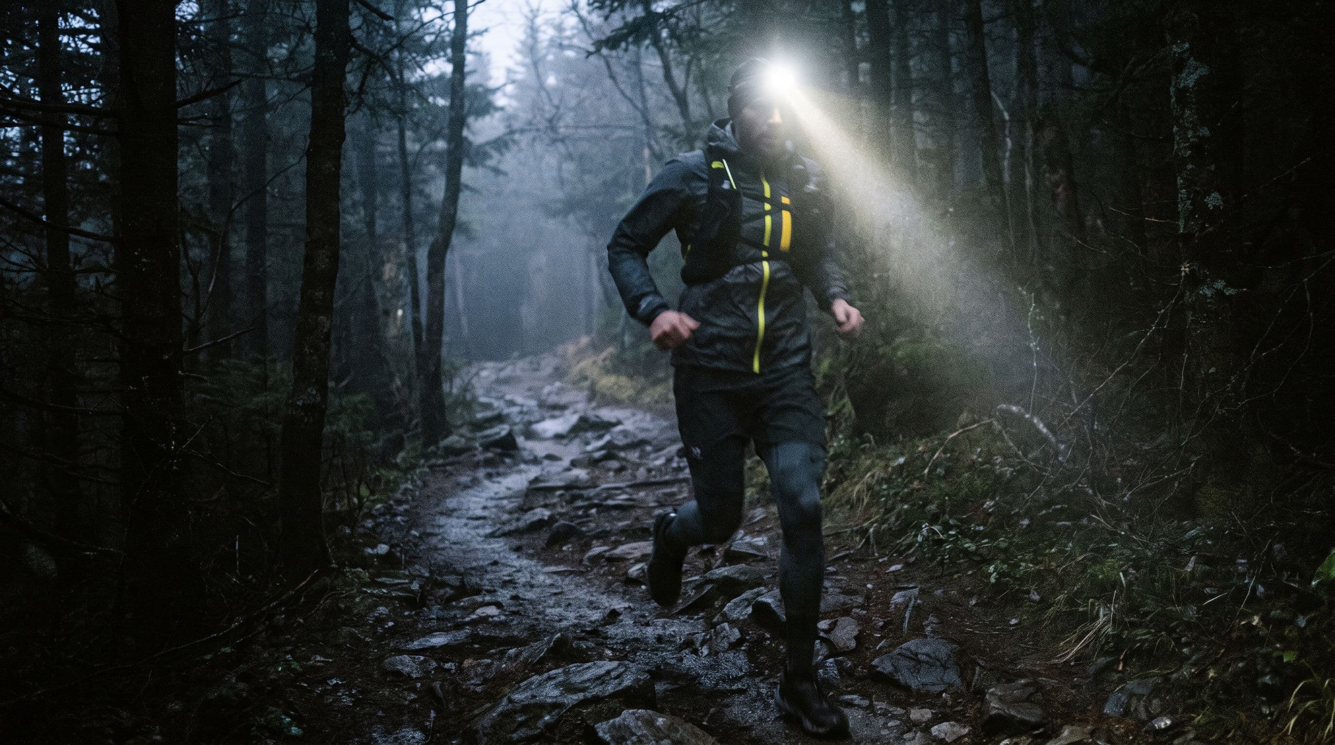 Coureur de nuit en forêt, faisceau de lampe frontale traversant l'obscurité